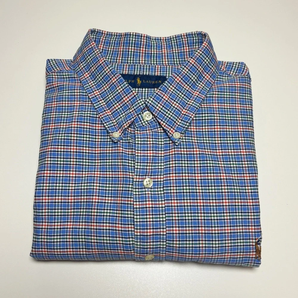 Ralph Lauren Oxford Blue Plaid Mens XXL Long Sleeve Button Down Flesh Pony Shirt